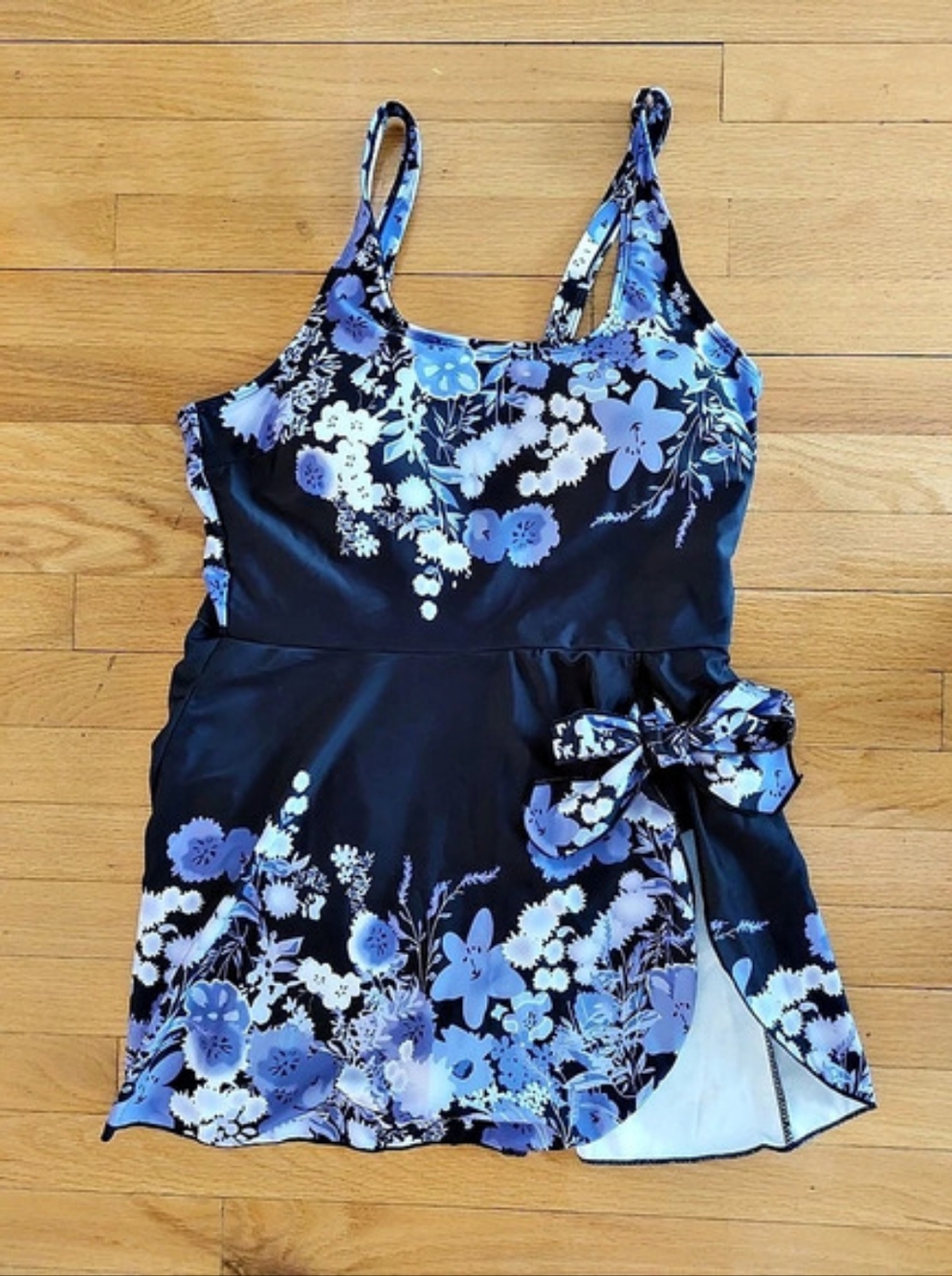 Swim Solutions Bow Front Swim Dress Floral One Piece Black & Purple 2XL